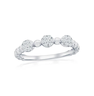 Sterling Silver, Round Pave Cz & Beaded Ring