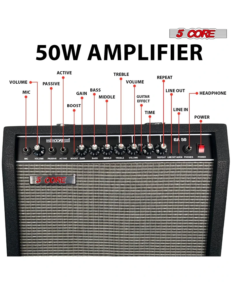 5 Core Guitar Amp 50 Watt Electric Amplifier w Built in 8" Speaker Portable Mini Amps w Aux