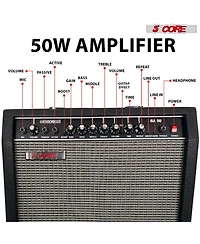 5 Core Guitar Amp 50 Watt Electric Amplifier w Built in 8" Speaker Portable Mini Amps w Aux