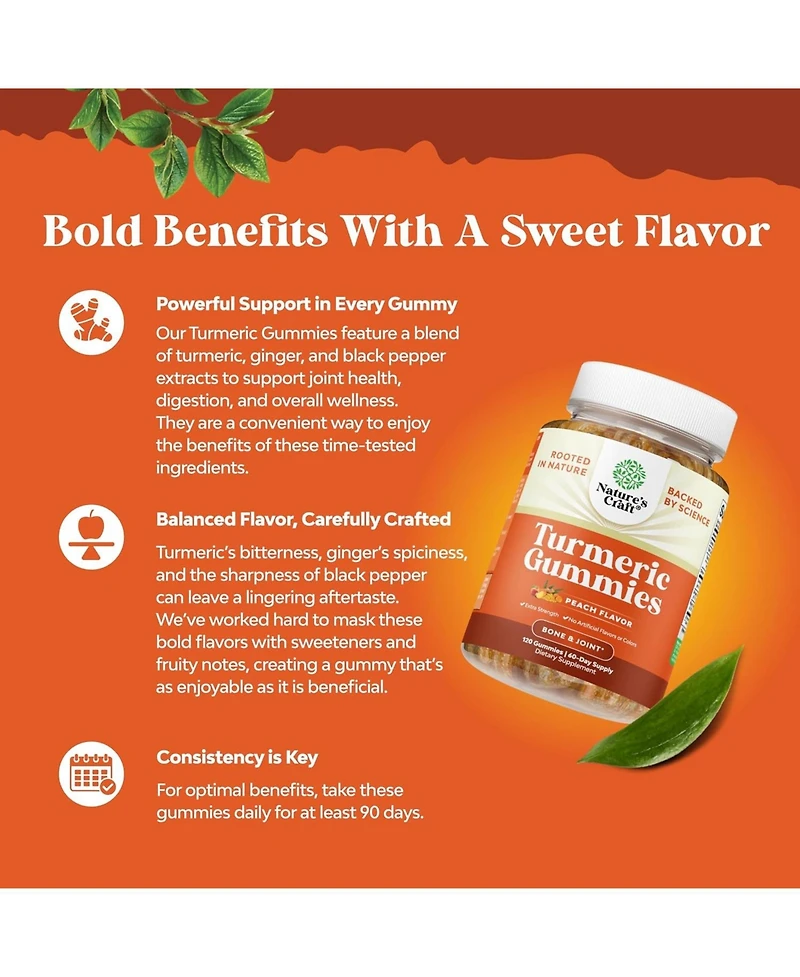 Turmeric Curcumin Gummies | Immune Booster Turmeric Gummies | for Joint Support and Advanced Skin Care | Peach Flavor | 60ct