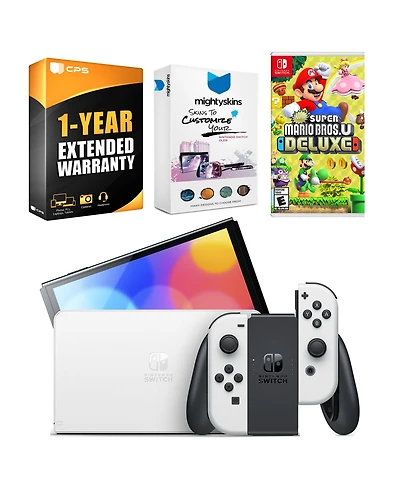 Nintendo Switch White Oled Console with New Super Mario Bros. U Deluxe, MightySkins Console and Controller Skin Voucher