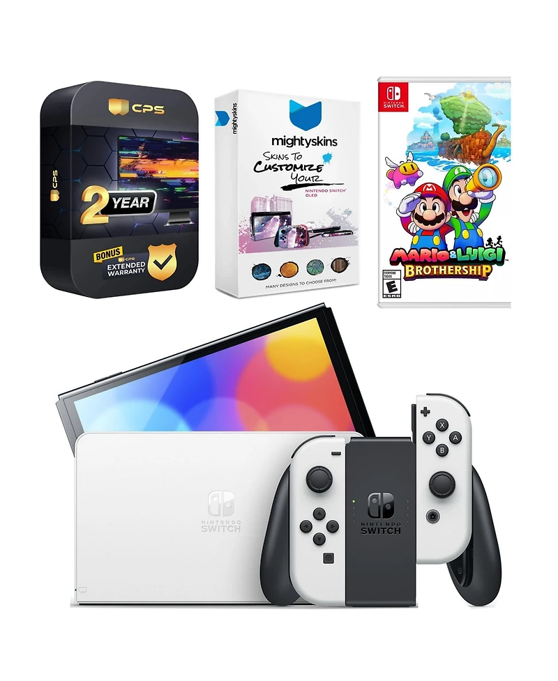 Nintendo Switch White Oled Console with Mario & Luigi: Brothership, MightySkins Console and Controller Skin Voucher, and 2 Year Cps Extended Warranty