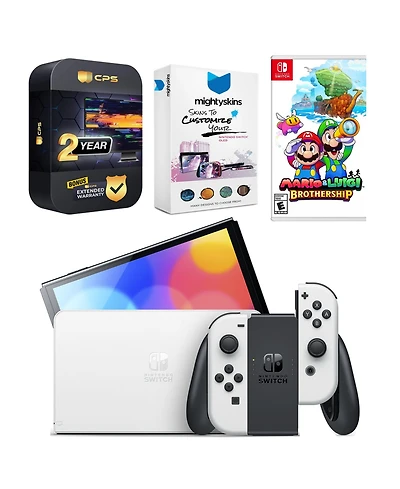 Nintendo Switch White Oled Console with Mario & Luigi: Brothership, MightySkins Console and Controller Skin Voucher, and 2 Year Cps Extended Warranty
