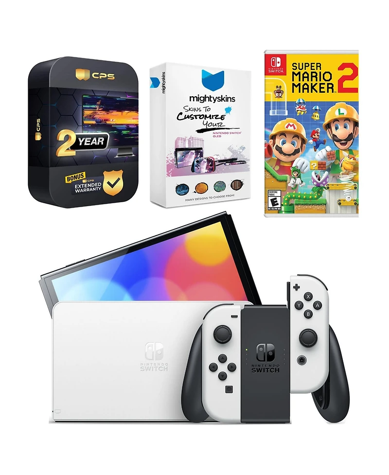 Nintendo Switch White Oled Console with Mario Maker 2, MightySkins Console and Controller Skin Voucher, and 2 Year Cps Extended Warranty