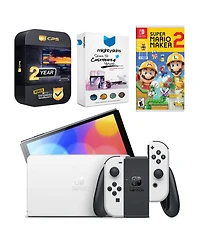 Nintendo Switch White Oled Console with Mario Maker 2, MightySkins Console and Controller Skin Voucher, and 2 Year Cps Extended Warranty