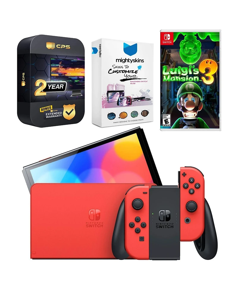 Nintendo Switch Oled Mario Red Edition with Luigi's Mansion 3, MightySkins Console and Controller Skin Voucher and 2 Year Cps Extended Warranty