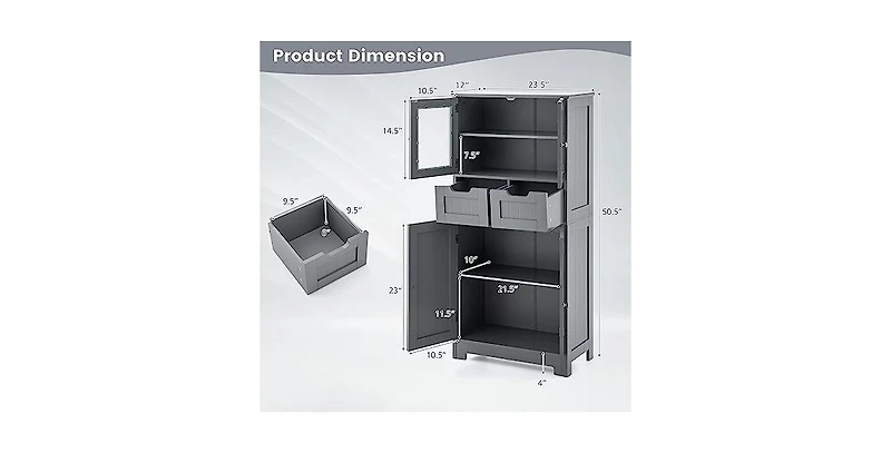 4 Door Freestanding Bathroom Floor Storage Cabinet with 2 Drawers and Glass Doors