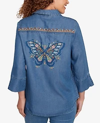 Alfred Dunner Petite El Paso Embroidered Butterfly Button Front Top