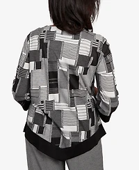 Alfred Dunner Petite Santa Barbara Patchwork Solid Black Trim Top