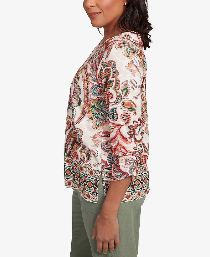 Alfred Dunner Petite Copper Canyon Textured Scroll Border Ruched Sleeves Crew Neck Top