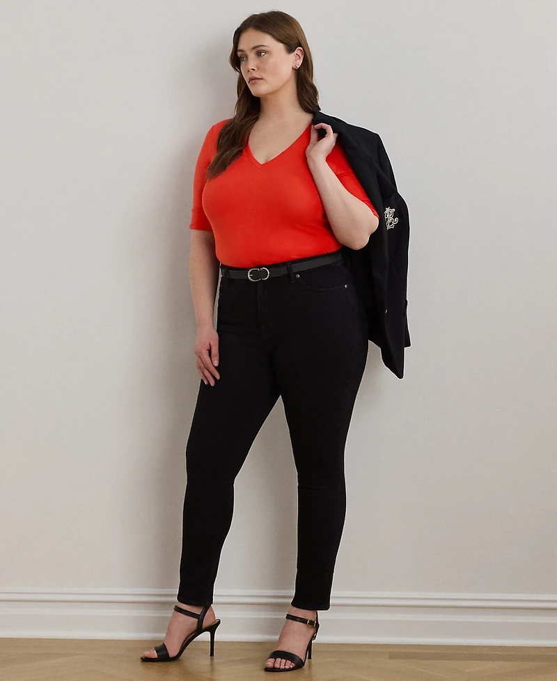 Lauren Ralph Plus Stretch Cotton Elbow-Sleeve V-Neck Tee