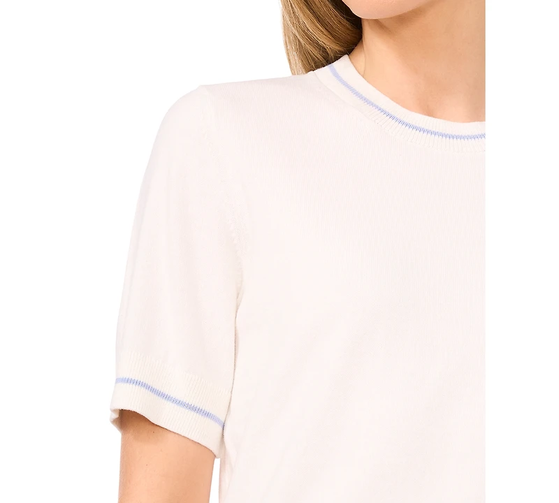 CeCe Women's Cotton Contrast-Stripe Short-Sleeve Sweater