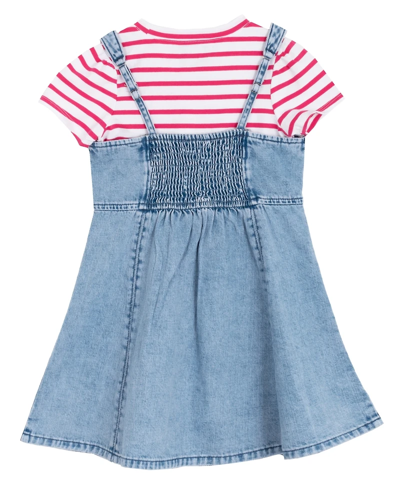 Rare Editions Toddler and Little Girls 2-Piece Stripe T-Shirt Denim Jumper Dress Set