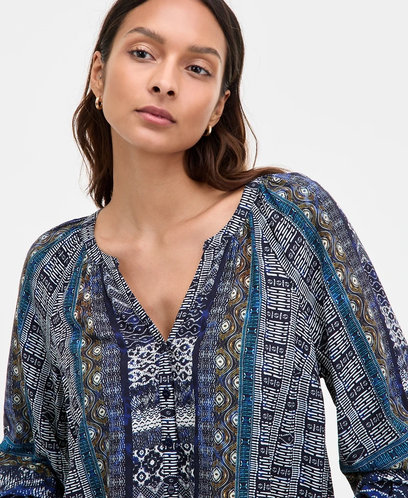 Liverpool Los Angeles Women's Printed Balloon-Sleeve Button-Front Blouse