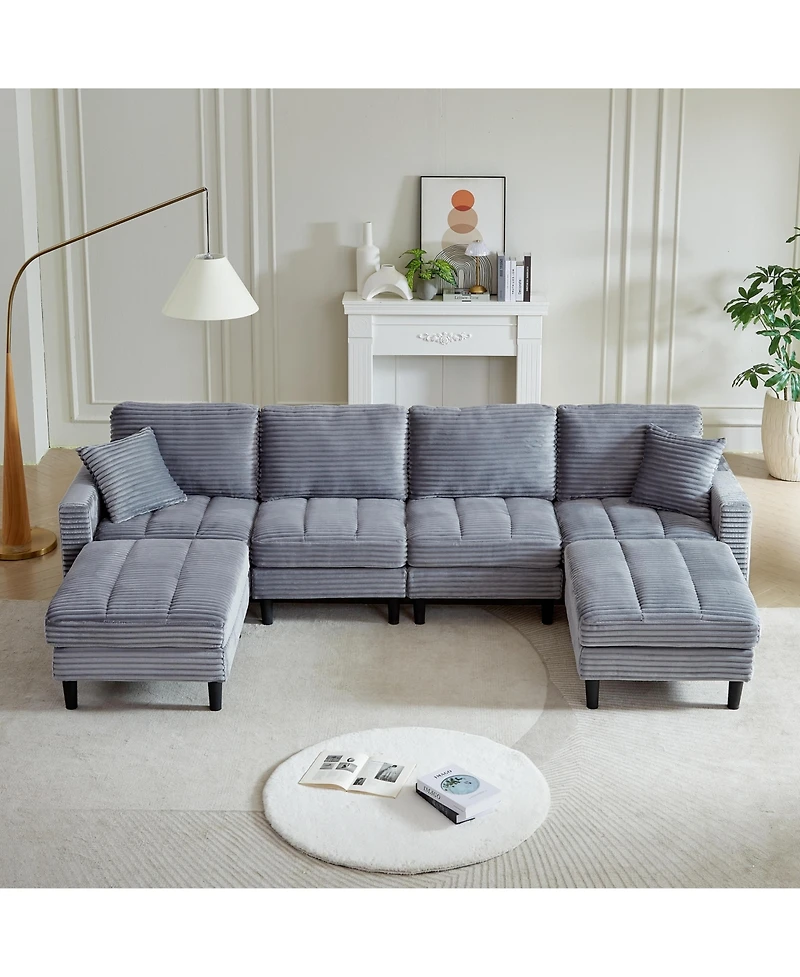 Streamdale 122.5" Oversized U-Shaped Sofa, Corduroy Fabric Sectional with Pillows & Ottomans, Grey