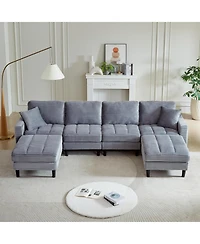 Streamdale 122.5" Oversized U-Shaped Sofa, Corduroy Fabric Sectional with Pillows & Ottomans, Grey