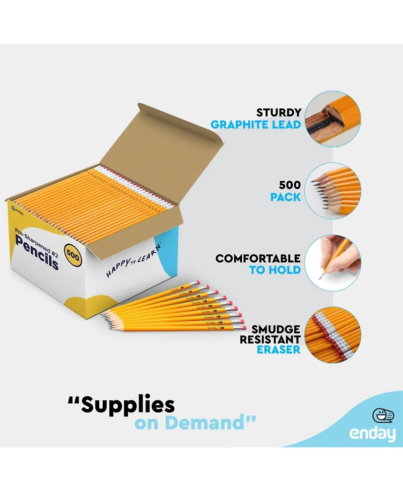 Enday #2 Pencils Bulk - 500 Pack, Pre-Sharpened Wood-Cased Yellow Pencils for Office and Classroom Supplies