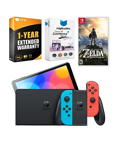 Nintendo Switch Neon Red & Blue Oled Console with The Legend of Zelda Breath of the Wild, MightySkins Console and Controller Skin Voucher