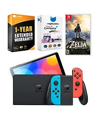 Nintendo Switch Neon Red & Blue Oled Console with The Legend of Zelda Breath of the Wild, MightySkins Console and Controller Skin Voucher