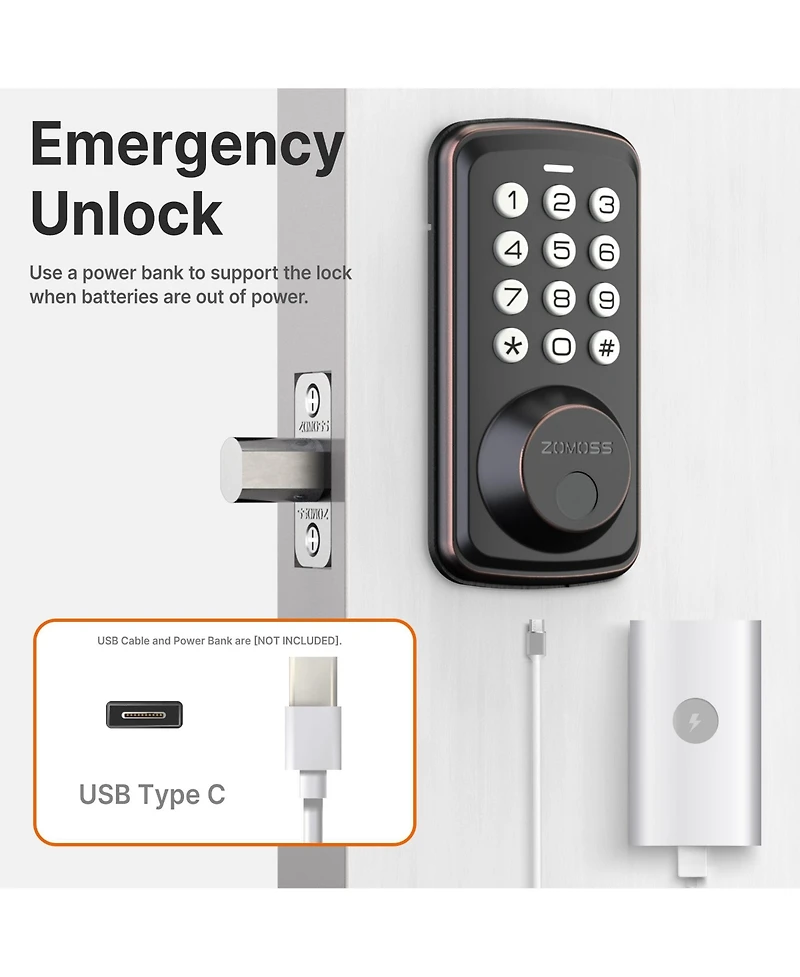 Zachvo Fingerprint Door Lock Keyless Deadbolt, Electric Door Locks with Keypads and Emergency Charging Port