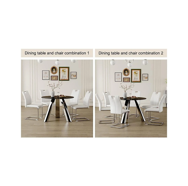 Streamdale Round Stainless Steel Table and 4 White Dining Chairs with Silver Metal Legs