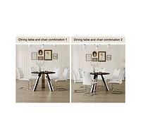 Streamdale Round Stainless Steel Table and 4 White Dining Chairs with Silver Metal Legs