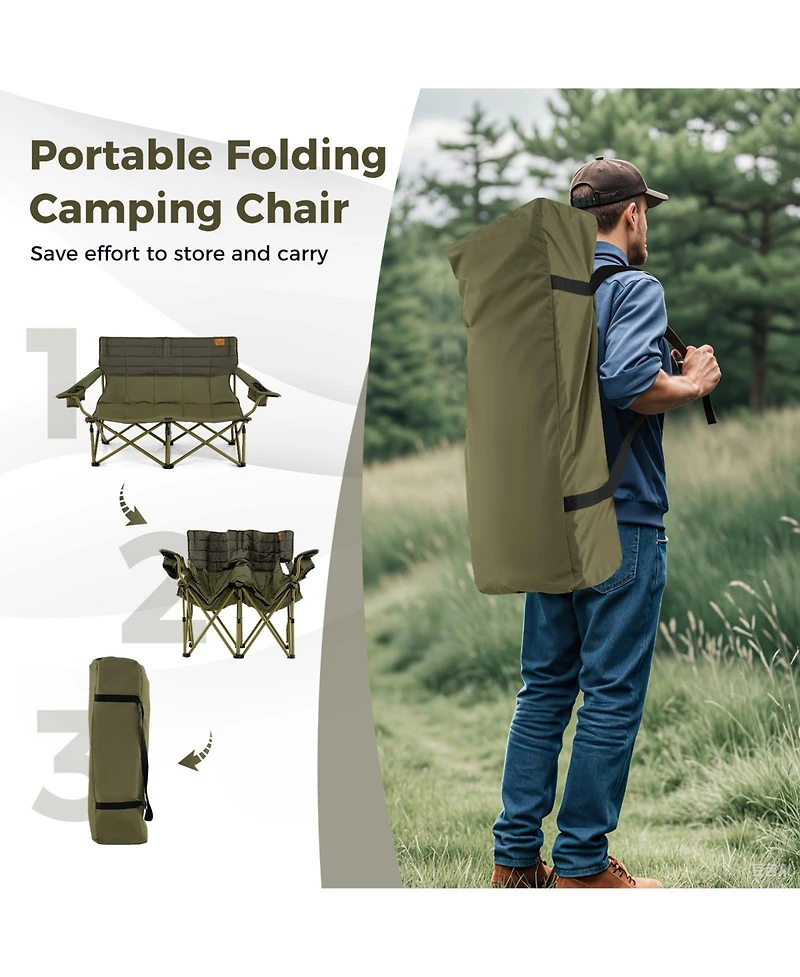 Oversized Camping Chair Folding Loveseat Camping Couch with Cup Holders & Thick Padding