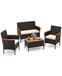 4 Pcs Patio Wicker Sofa Set with Coffee Table Acacia Wood Armrests & Tabletop