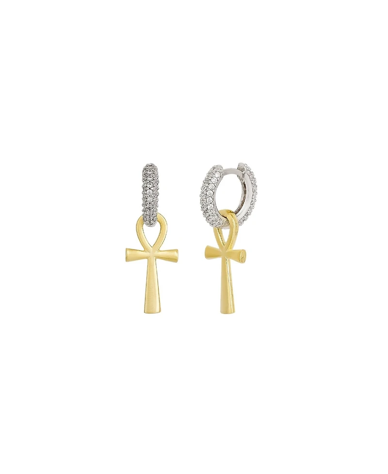 Spero London Sterling Silver Egyptian Ankh Zirconia Hoop Earring - Silver