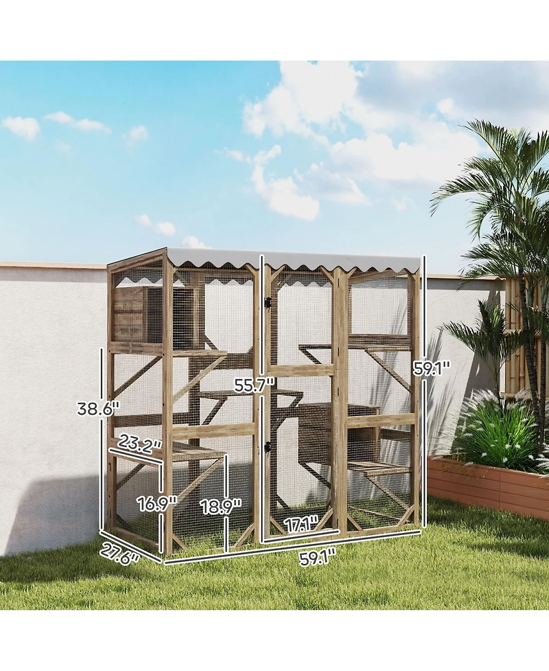PawHut 59" Catio Outdoor Cat Enclosure, Wooden Window Cat House,