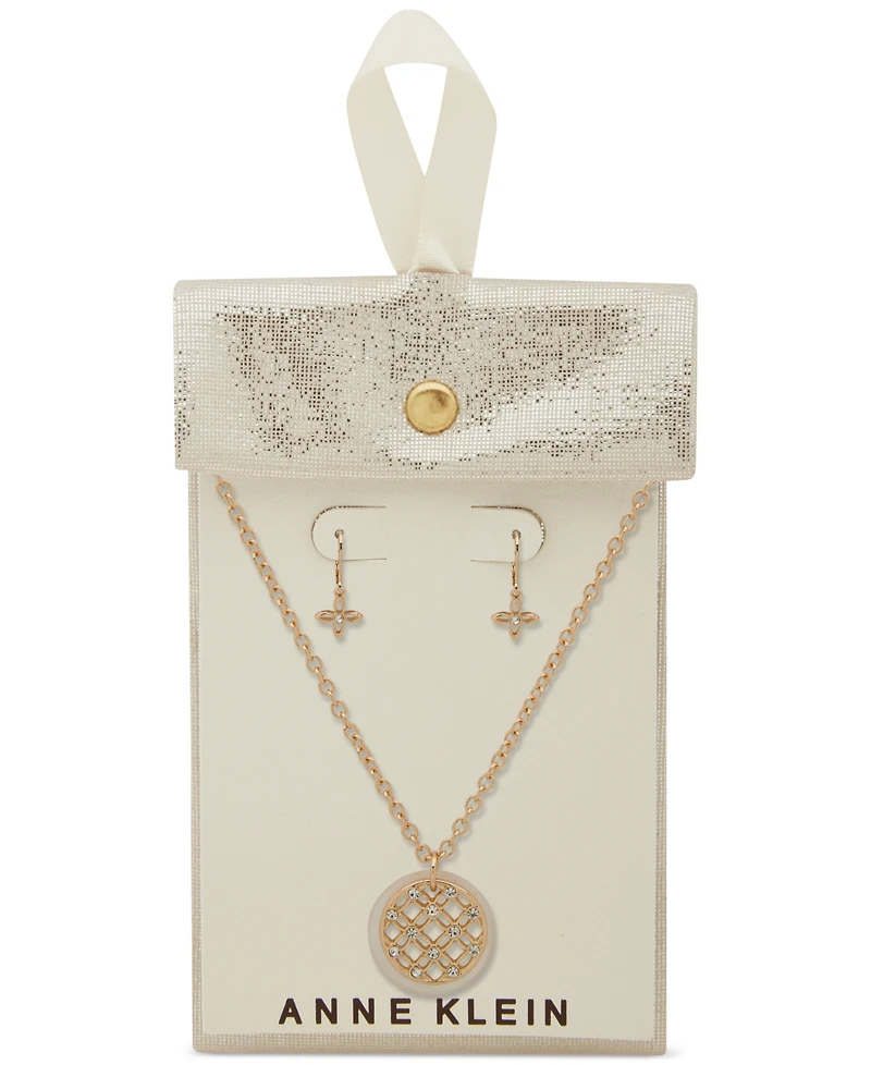 Anne Klein Gold-Tone Pave Filigree & Mother-of-Pearl Disc Pendant Necklace Drop Earrings Set