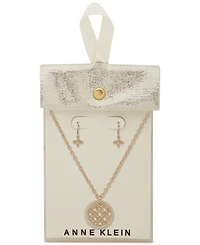 Anne Klein Gold-Tone Pave Filigree & Mother-of-Pearl Disc Pendant Necklace Drop Earrings Set