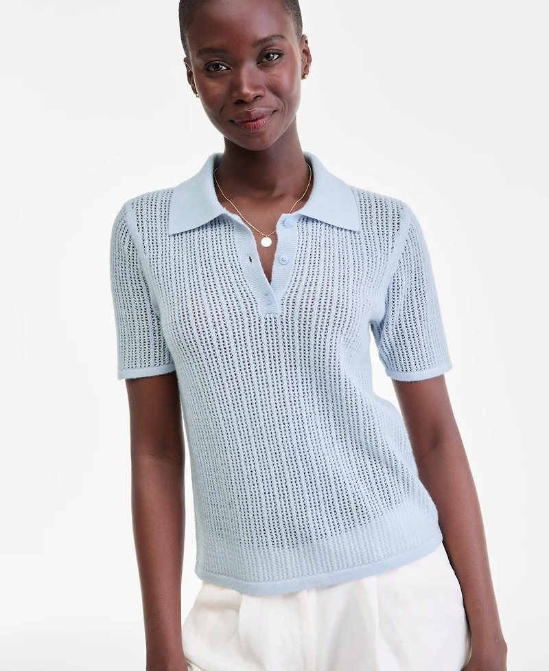 Charter Club Women's 100% Cashmere Short-Sleeve Pointelle Polo Sweater, Macy's Exclusive
