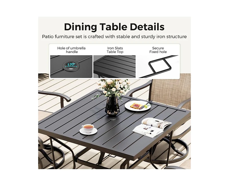 Outdoor 5-Piece Metal Patio Dining Set with and 4 Textilene Swivel Chairs Square Table Beige