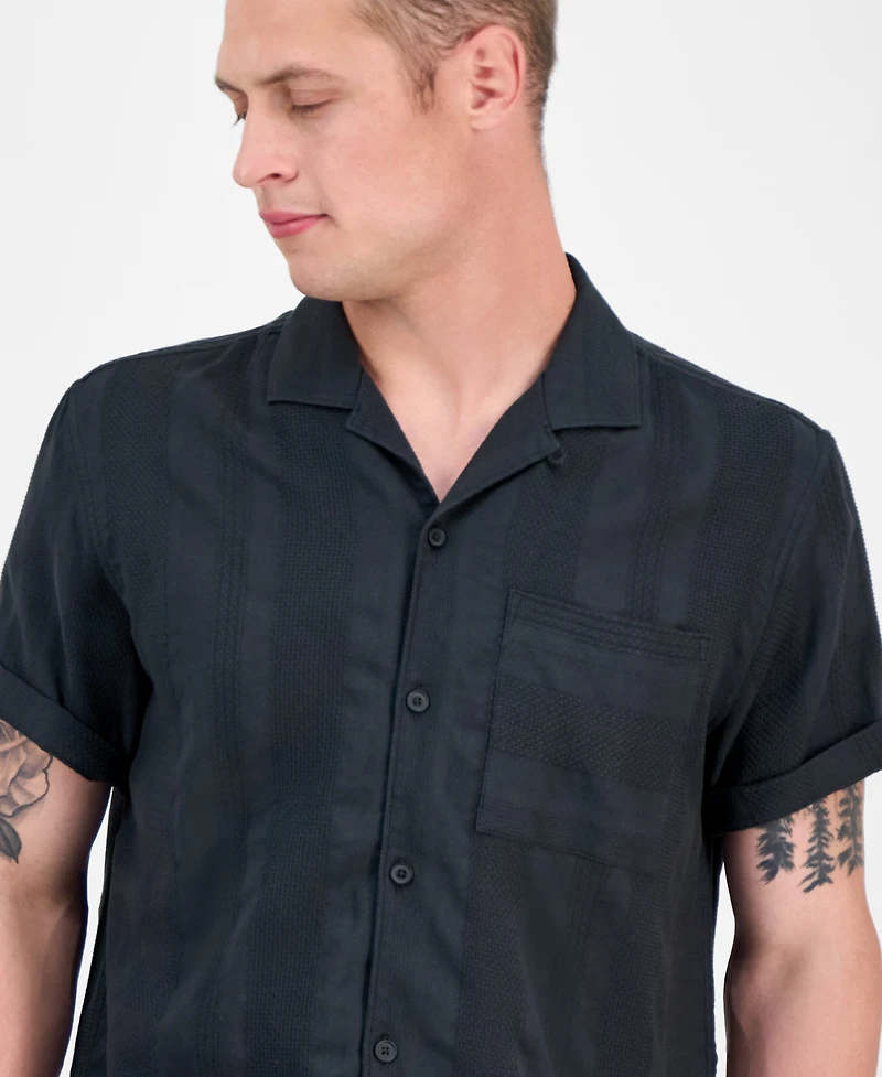 Sun + Stone Men's Ford Short Sleeve Textured Striped Button-Front Camp Shirt, Exclusively at Macy's