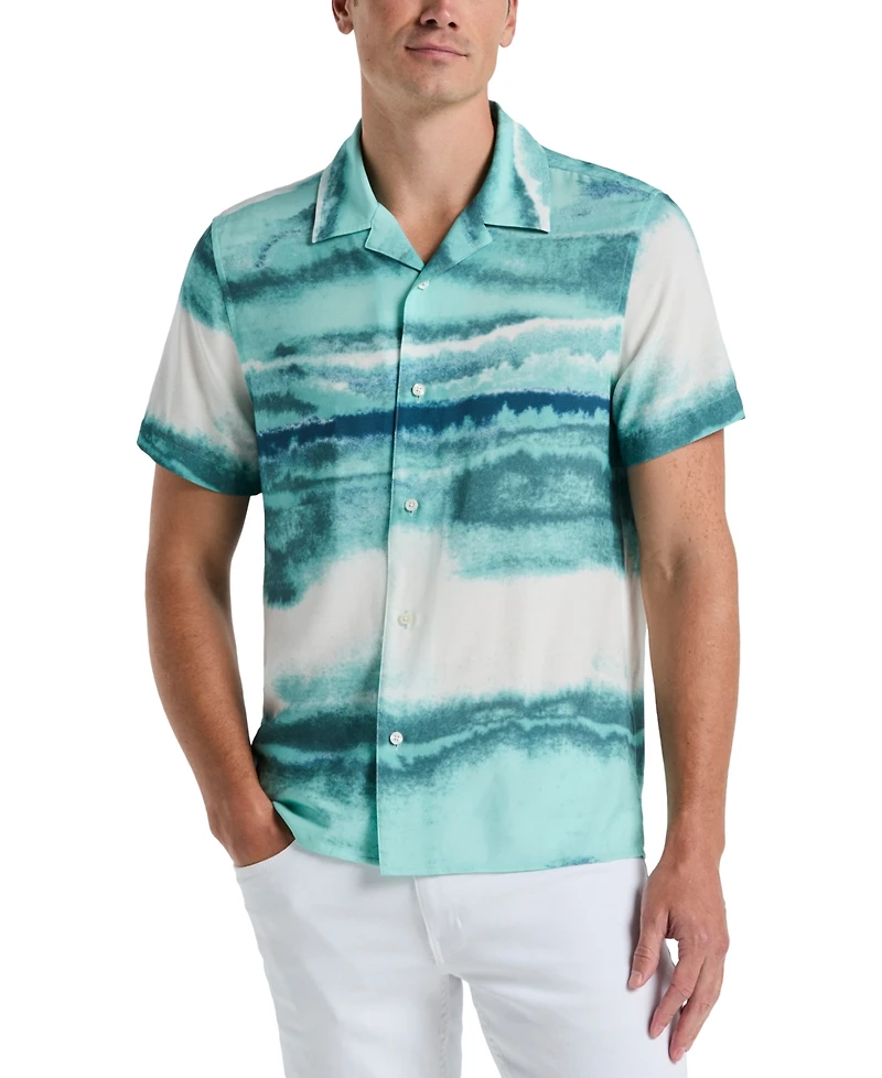 Perry Ellis Men's Short Sleeve Wave Print Button-Front Camp Shirt