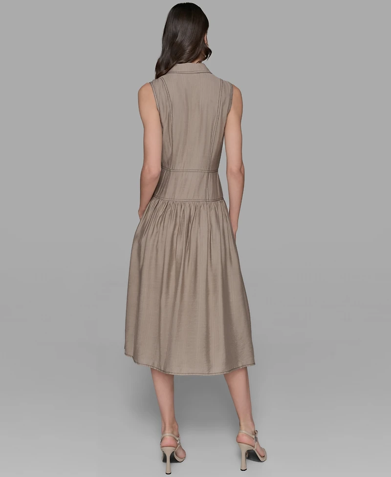 Karl Lagerfeld Paris Petite Notched Collar Sleeveless Midi Shirtdress