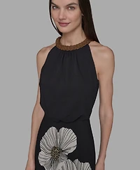 Karl Lagerfeld Paris Petite Beaded-Neck Floral-Graphic Dress