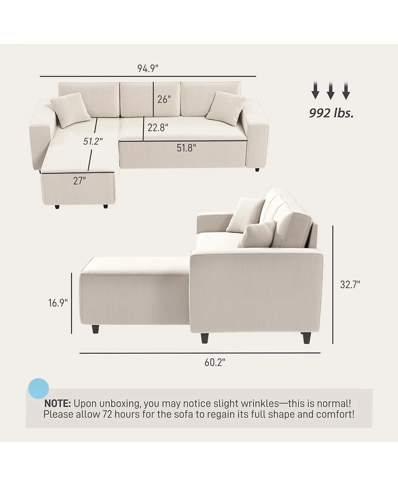 Homcom Chaise Sectional Sofa, Corduroy Fabric Corner Couch,