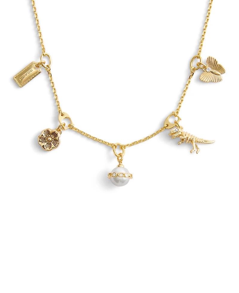 Coach Faux Stone Signature Heritage Cultivated Pearl Mixed Charm Bib Necklace