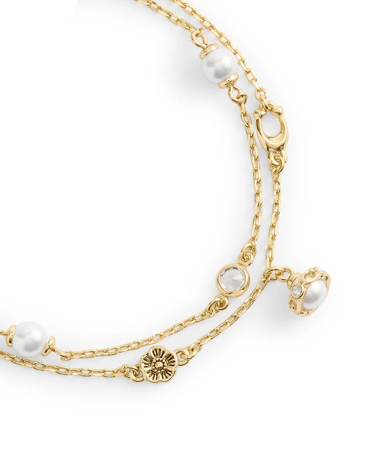 Coach Faux Stone Signature Heritage Cultivated Pearl Charm Double Strand Bracelet