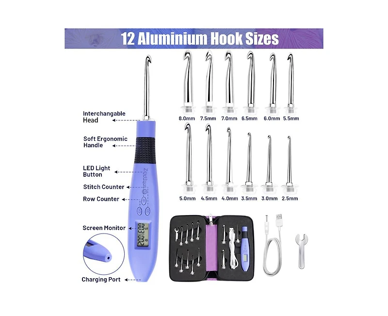 Zcvtbye Rechargeable Lighted Crochet Hook Set with Stitch Counter, Interchangeable Metal Heads