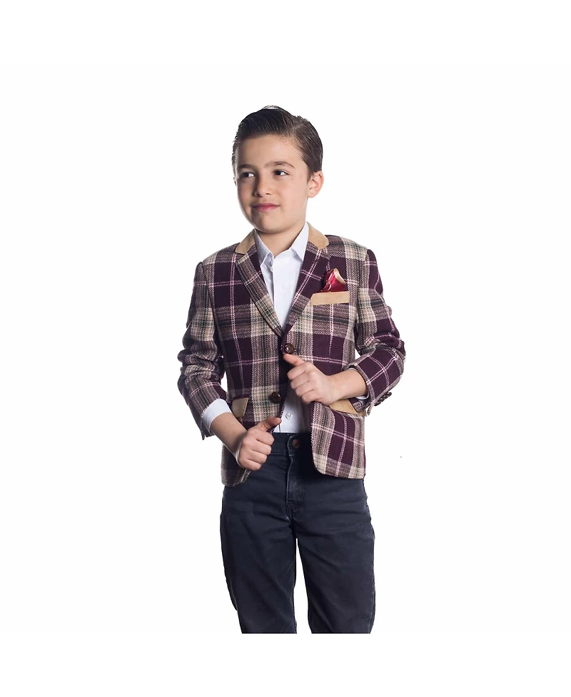 Elie Balleh Boys Wine Slim Fit Plaid Sports Coat