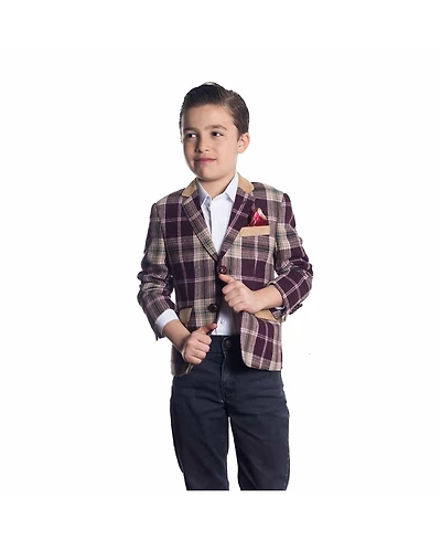 Elie Balleh Boys Wine Slim Fit Plaid Sports Coat