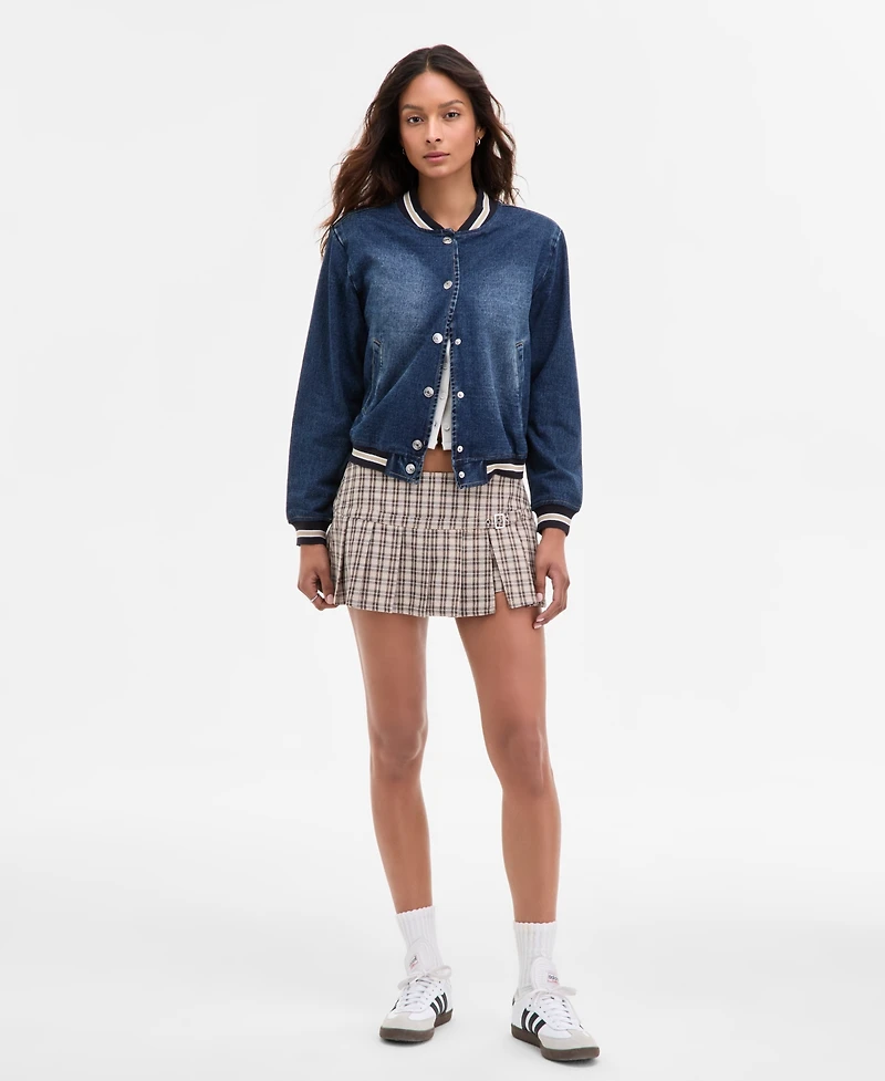 Madden Girl Juniors' Denim Varsity Bomber Jacket