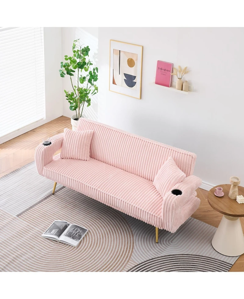 Streamdale White Corduroy Sofa with Pillows - Minimalist Living Room/Study