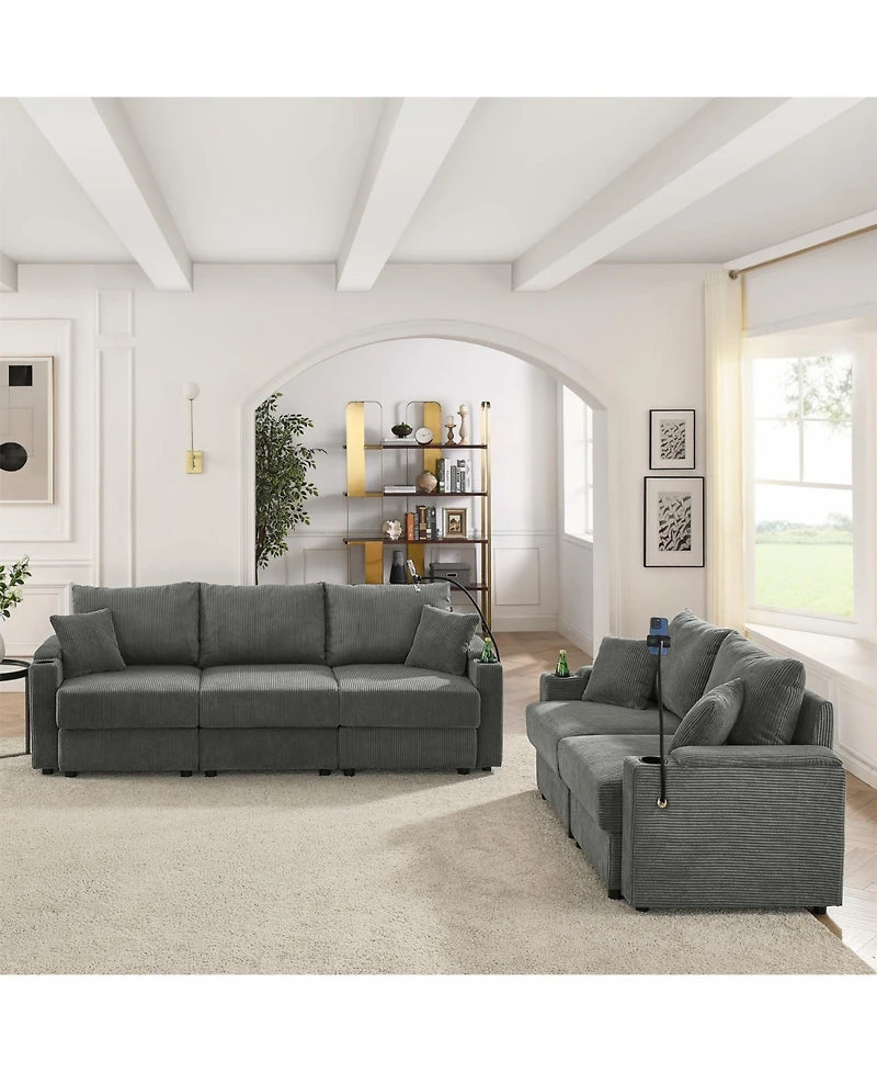 Streamdale Modern 2-Piece Corduroy Sofa Set with Storage, Cup and Phone Holders