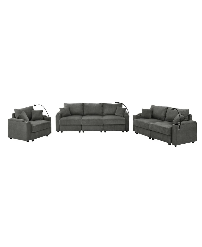 Streamdale Corduroy Sofa Set with Storage, Cup Holders & Charging Ports
