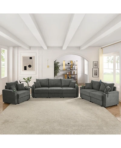 Streamdale Corduroy Sofa Set with Storage, Cup Holders & Charging Ports