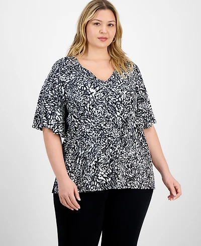 Jm Collection Plus Printed Flared-Sleeve V-Neck Top, Exclusively at Macy's